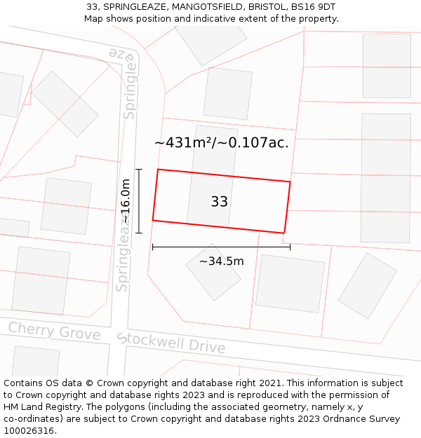 33, SPRINGLEAZE, MANGOTSFIELD, BRISTOL, BS16 9DT: Plot and title map