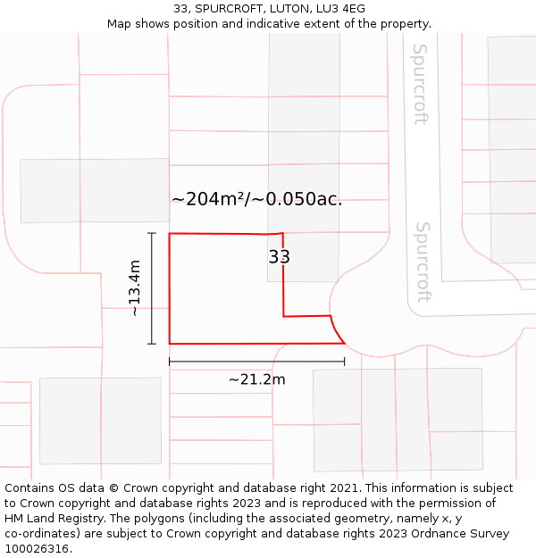 33, SPURCROFT, LUTON, LU3 4EG: Plot and title map