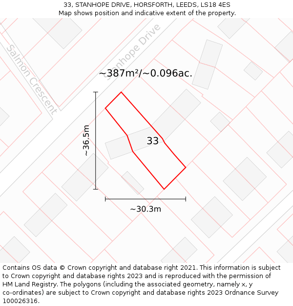 33, STANHOPE DRIVE, HORSFORTH, LEEDS, LS18 4ES: Plot and title map