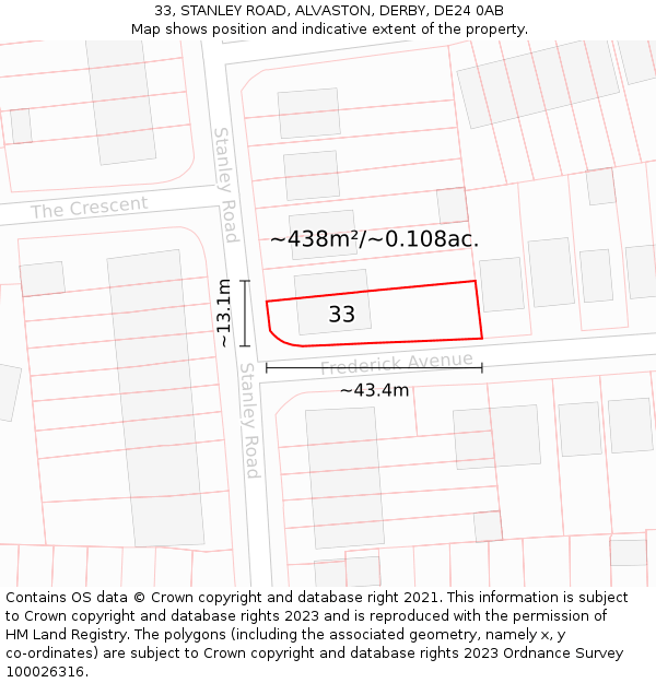 33, STANLEY ROAD, ALVASTON, DERBY, DE24 0AB: Plot and title map