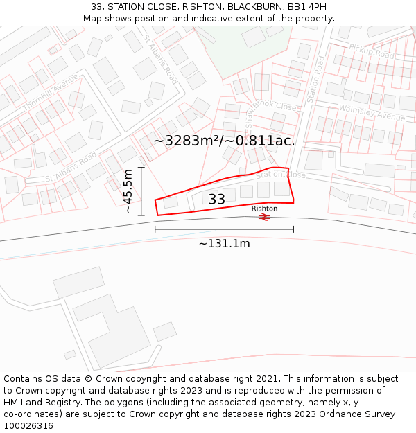 33, STATION CLOSE, RISHTON, BLACKBURN, BB1 4PH: Plot and title map