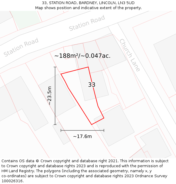33, STATION ROAD, BARDNEY, LINCOLN, LN3 5UD: Plot and title map