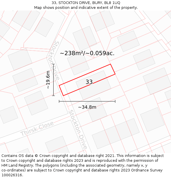 33, STOCKTON DRIVE, BURY, BL8 1UQ: Plot and title map