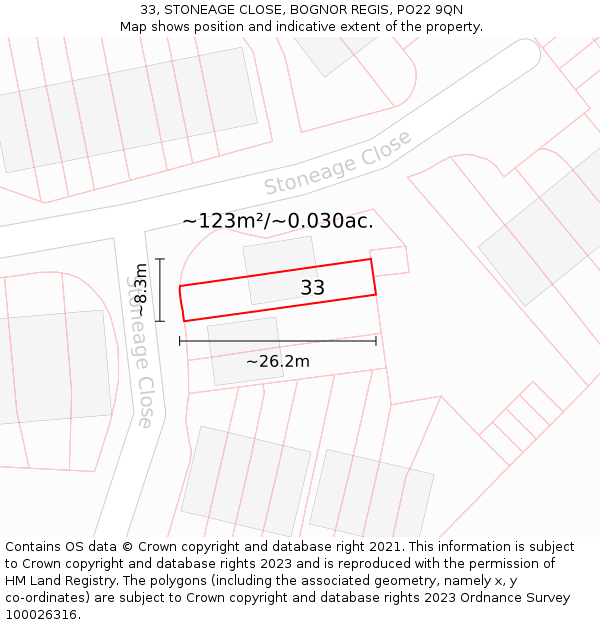 33, STONEAGE CLOSE, BOGNOR REGIS, PO22 9QN: Plot and title map