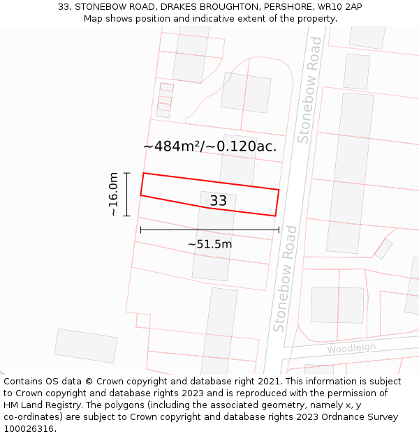 33, STONEBOW ROAD, DRAKES BROUGHTON, PERSHORE, WR10 2AP: Plot and title map
