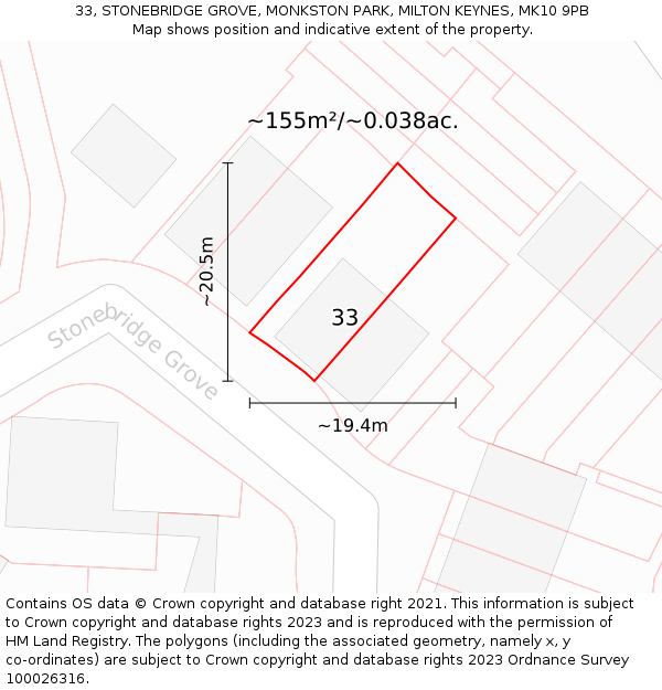 33, STONEBRIDGE GROVE, MONKSTON PARK, MILTON KEYNES, MK10 9PB: Plot and title map
