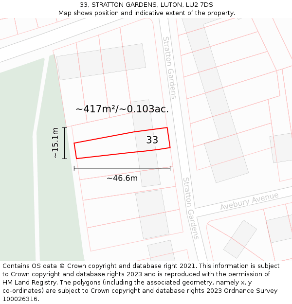 33, STRATTON GARDENS, LUTON, LU2 7DS: Plot and title map
