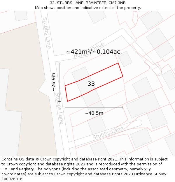 33, STUBBS LANE, BRAINTREE, CM7 3NR: Plot and title map
