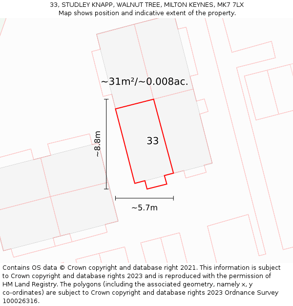 33, STUDLEY KNAPP, WALNUT TREE, MILTON KEYNES, MK7 7LX: Plot and title map