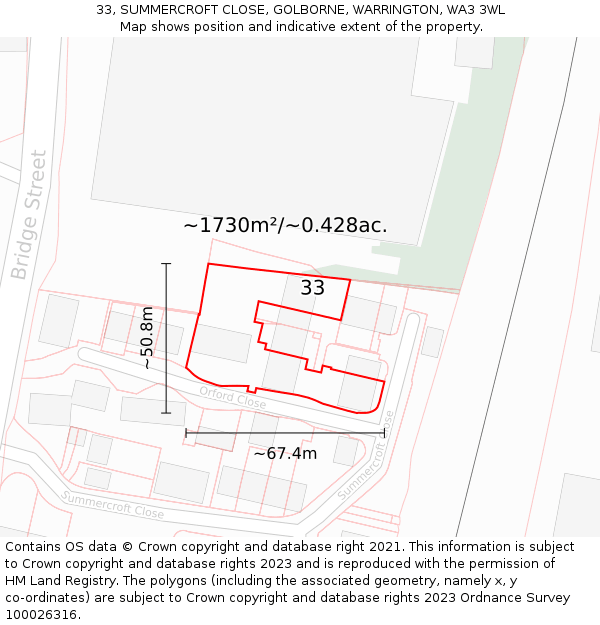 33, SUMMERCROFT CLOSE, GOLBORNE, WARRINGTON, WA3 3WL: Plot and title map