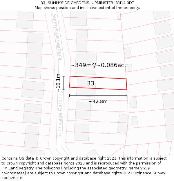 33, SUNNYSIDE GARDENS, UPMINSTER, RM14 3DT: Plot and title map