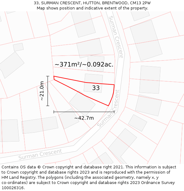 33, SURMAN CRESCENT, HUTTON, BRENTWOOD, CM13 2PW: Plot and title map