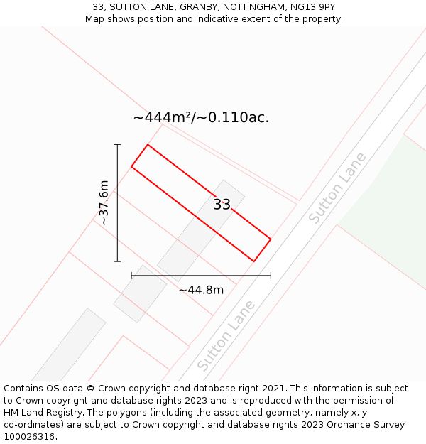 33, SUTTON LANE, GRANBY, NOTTINGHAM, NG13 9PY: Plot and title map