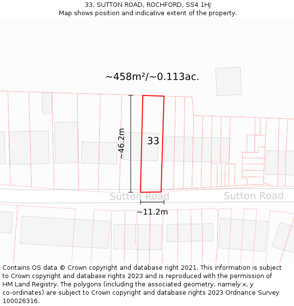 33, SUTTON ROAD, ROCHFORD, SS4 1HJ: Plot and title map