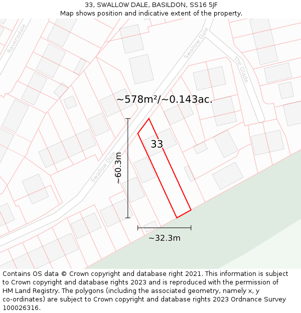 33, SWALLOW DALE, BASILDON, SS16 5JF: Plot and title map