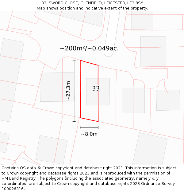 33, SWORD CLOSE, GLENFIELD, LEICESTER, LE3 8SY: Plot and title map