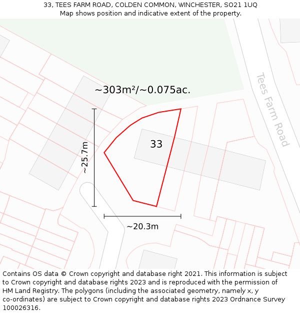 33, TEES FARM ROAD, COLDEN COMMON, WINCHESTER, SO21 1UQ: Plot and title map