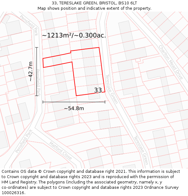 33, TERESLAKE GREEN, BRISTOL, BS10 6LT: Plot and title map
