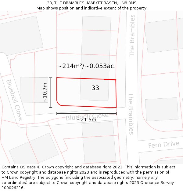 33, THE BRAMBLES, MARKET RASEN, LN8 3NS: Plot and title map