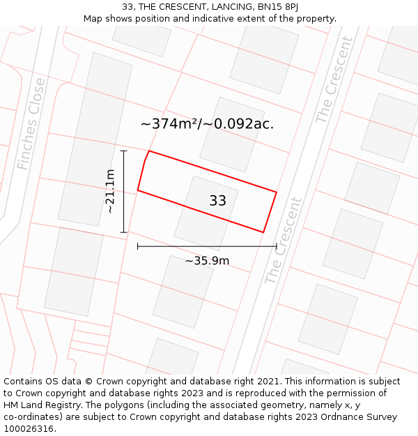 33, THE CRESCENT, LANCING, BN15 8PJ: Plot and title map