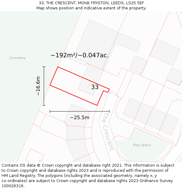 33, THE CRESCENT, MONK FRYSTON, LEEDS, LS25 5EF: Plot and title map