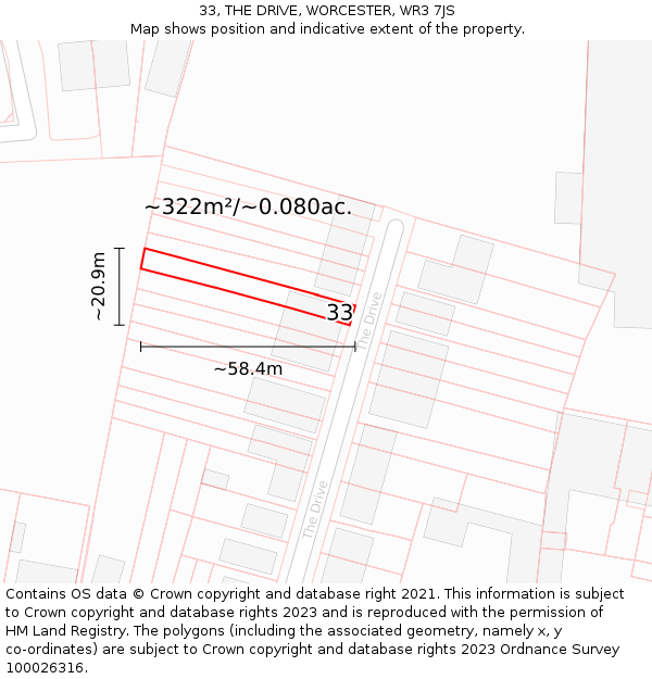 33, THE DRIVE, WORCESTER, WR3 7JS: Plot and title map