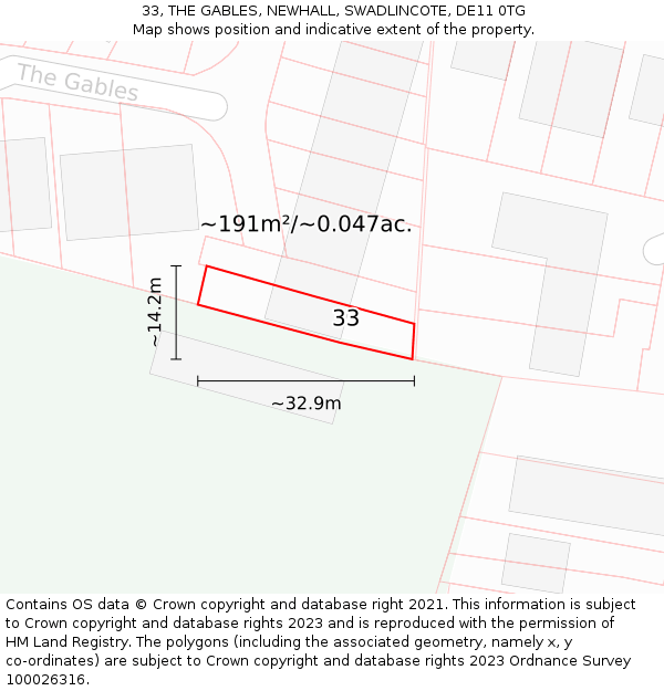 33, THE GABLES, NEWHALL, SWADLINCOTE, DE11 0TG: Plot and title map