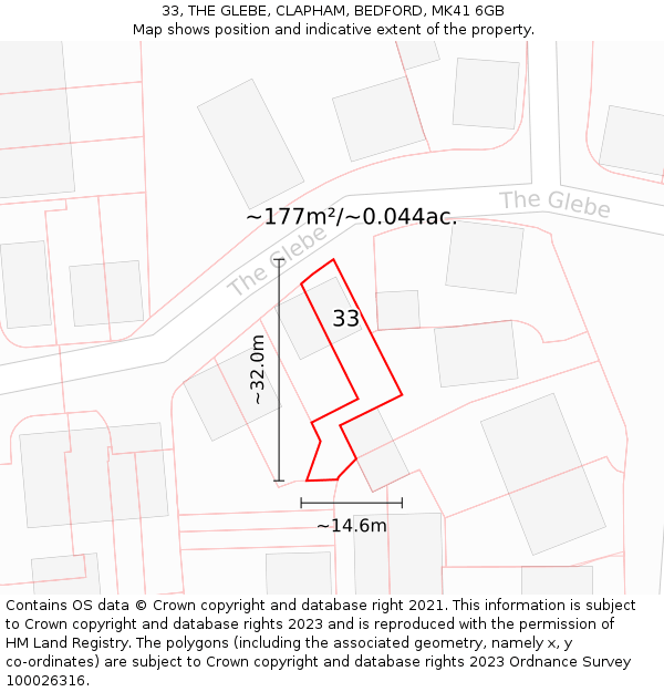 33, THE GLEBE, CLAPHAM, BEDFORD, MK41 6GB: Plot and title map