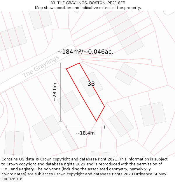 33, THE GRAYLINGS, BOSTON, PE21 8EB: Plot and title map