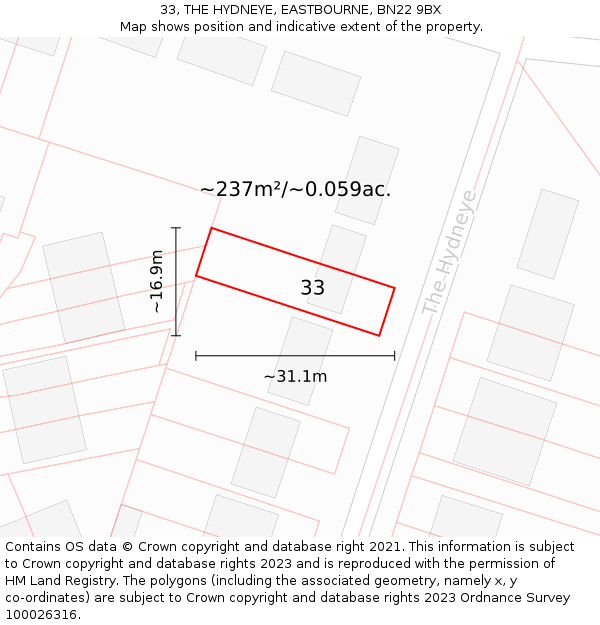 33, THE HYDNEYE, EASTBOURNE, BN22 9BX: Plot and title map