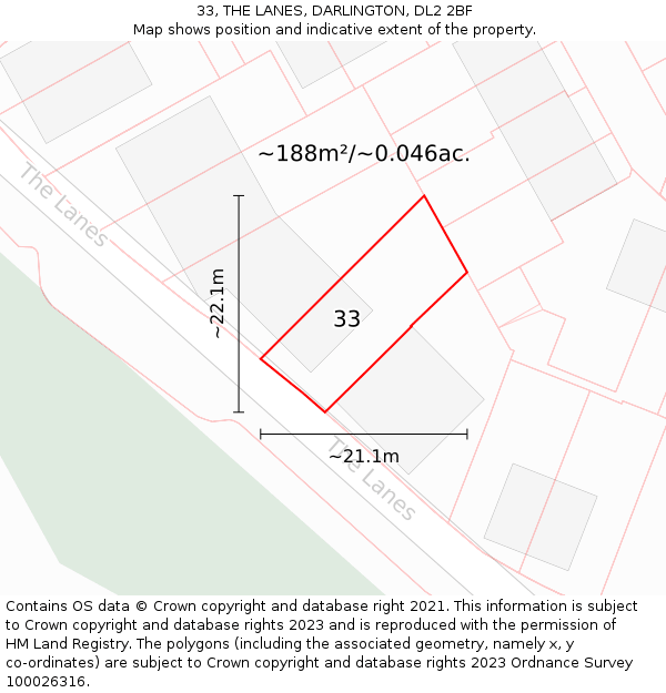 33, THE LANES, DARLINGTON, DL2 2BF: Plot and title map