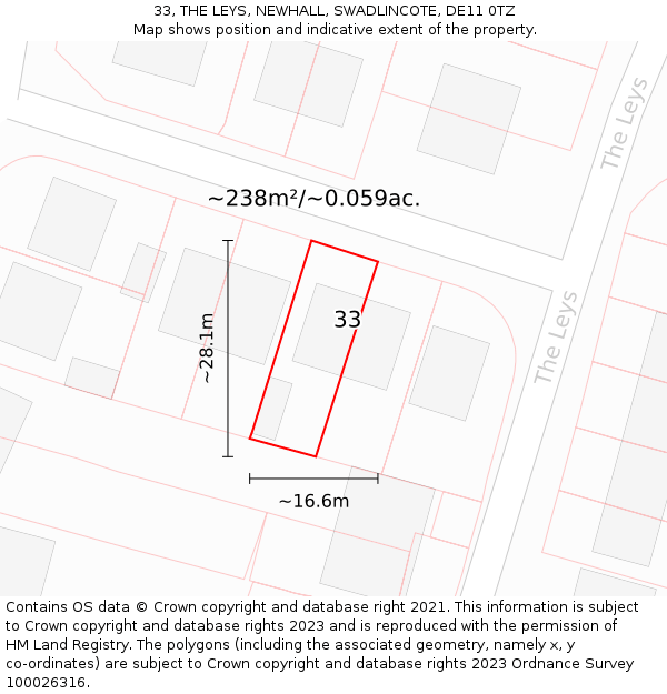 33, THE LEYS, NEWHALL, SWADLINCOTE, DE11 0TZ: Plot and title map