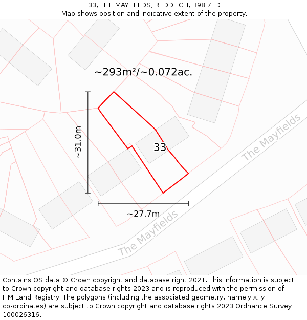 33, THE MAYFIELDS, REDDITCH, B98 7ED: Plot and title map
