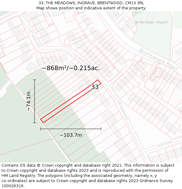 33, THE MEADOWS, INGRAVE, BRENTWOOD, CM13 3RL: Plot and title map