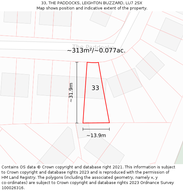 33, THE PADDOCKS, LEIGHTON BUZZARD, LU7 2SX: Plot and title map