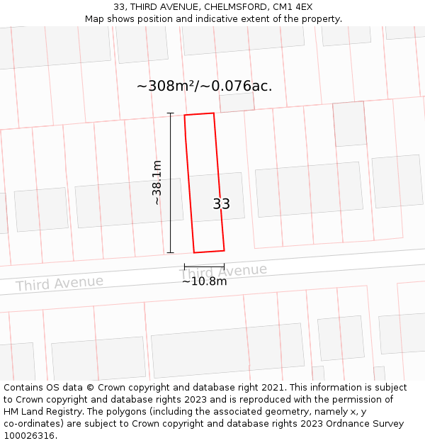 33, THIRD AVENUE, CHELMSFORD, CM1 4EX: Plot and title map