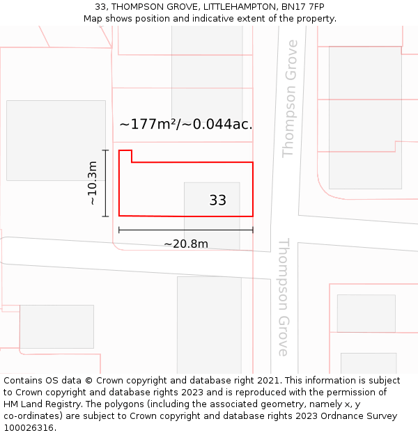 33, THOMPSON GROVE, LITTLEHAMPTON, BN17 7FP: Plot and title map