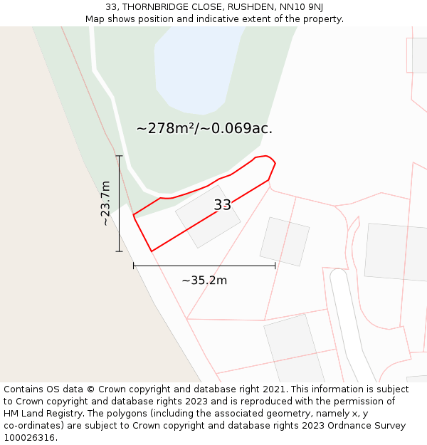 33, THORNBRIDGE CLOSE, RUSHDEN, NN10 9NJ: Plot and title map