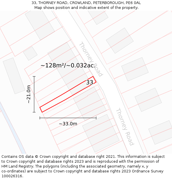 33, THORNEY ROAD, CROWLAND, PETERBOROUGH, PE6 0AL: Plot and title map
