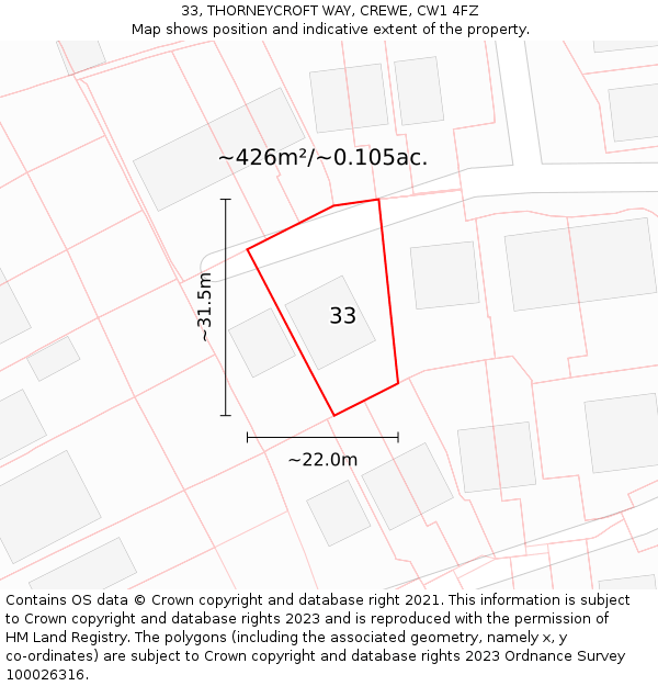 33, THORNEYCROFT WAY, CREWE, CW1 4FZ: Plot and title map