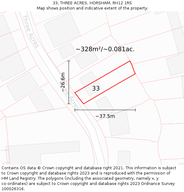 33, THREE ACRES, HORSHAM, RH12 1RS: Plot and title map