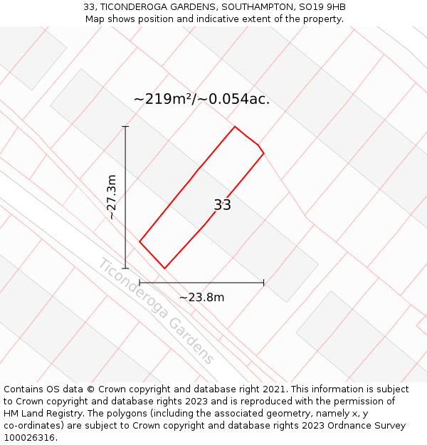 33, TICONDEROGA GARDENS, SOUTHAMPTON, SO19 9HB: Plot and title map