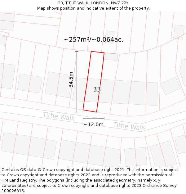 33, TITHE WALK, LONDON, NW7 2PY: Plot and title map