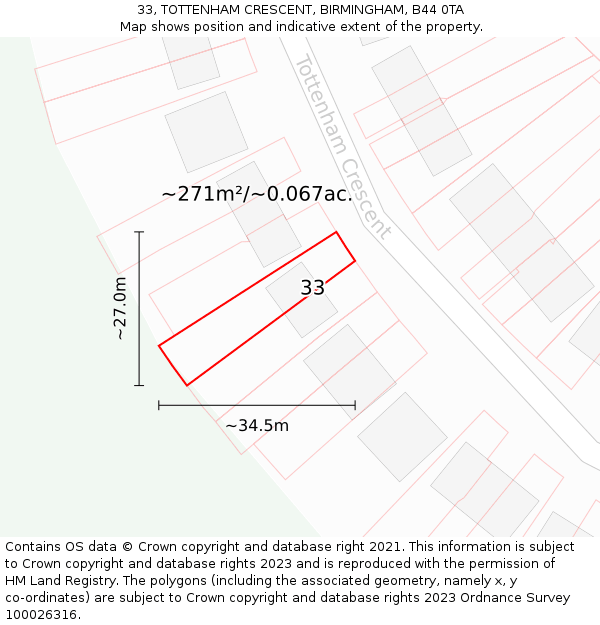 33, TOTTENHAM CRESCENT, BIRMINGHAM, B44 0TA: Plot and title map