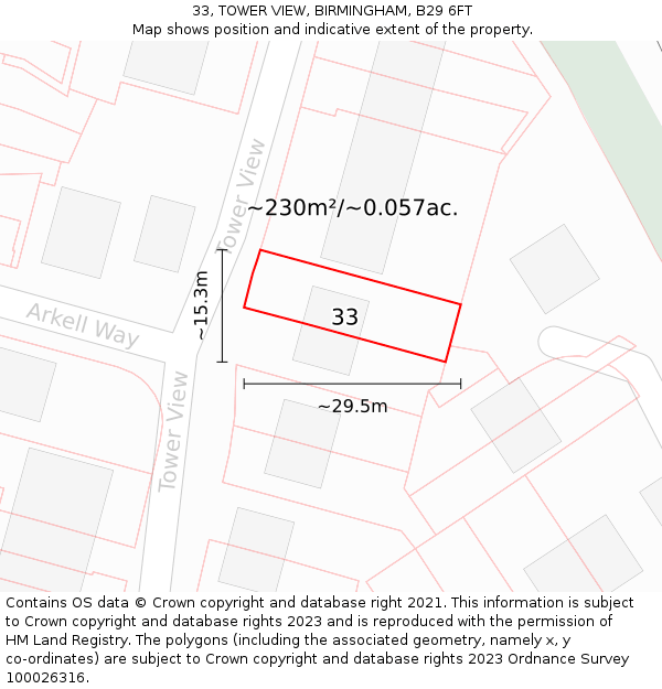 33, TOWER VIEW, BIRMINGHAM, B29 6FT: Plot and title map