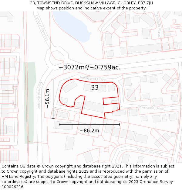 33, TOWNSEND DRIVE, BUCKSHAW VILLAGE, CHORLEY, PR7 7JH: Plot and title map
