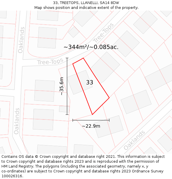 33, TREETOPS, LLANELLI, SA14 8DW: Plot and title map