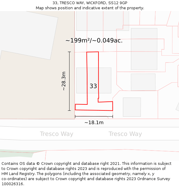 33, TRESCO WAY, WICKFORD, SS12 9GP: Plot and title map