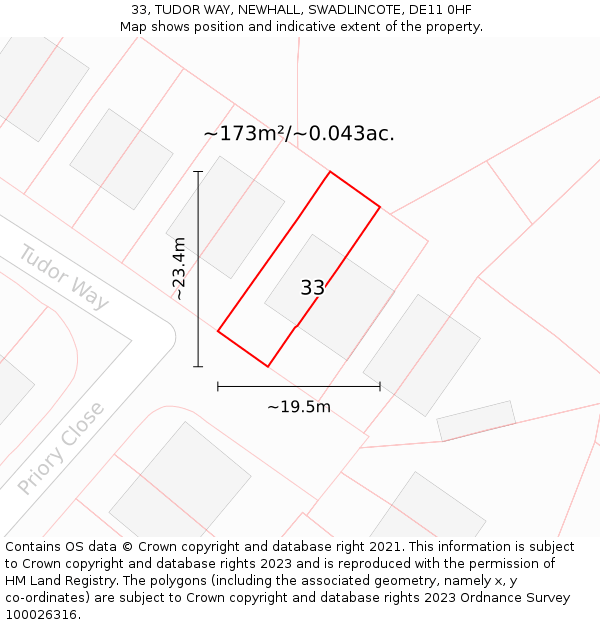 33, TUDOR WAY, NEWHALL, SWADLINCOTE, DE11 0HF: Plot and title map