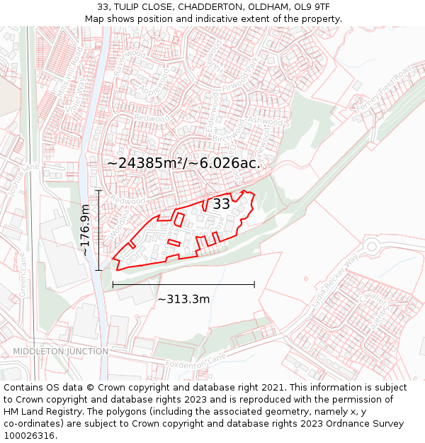 33, TULIP CLOSE, CHADDERTON, OLDHAM, OL9 9TF: Plot and title map
